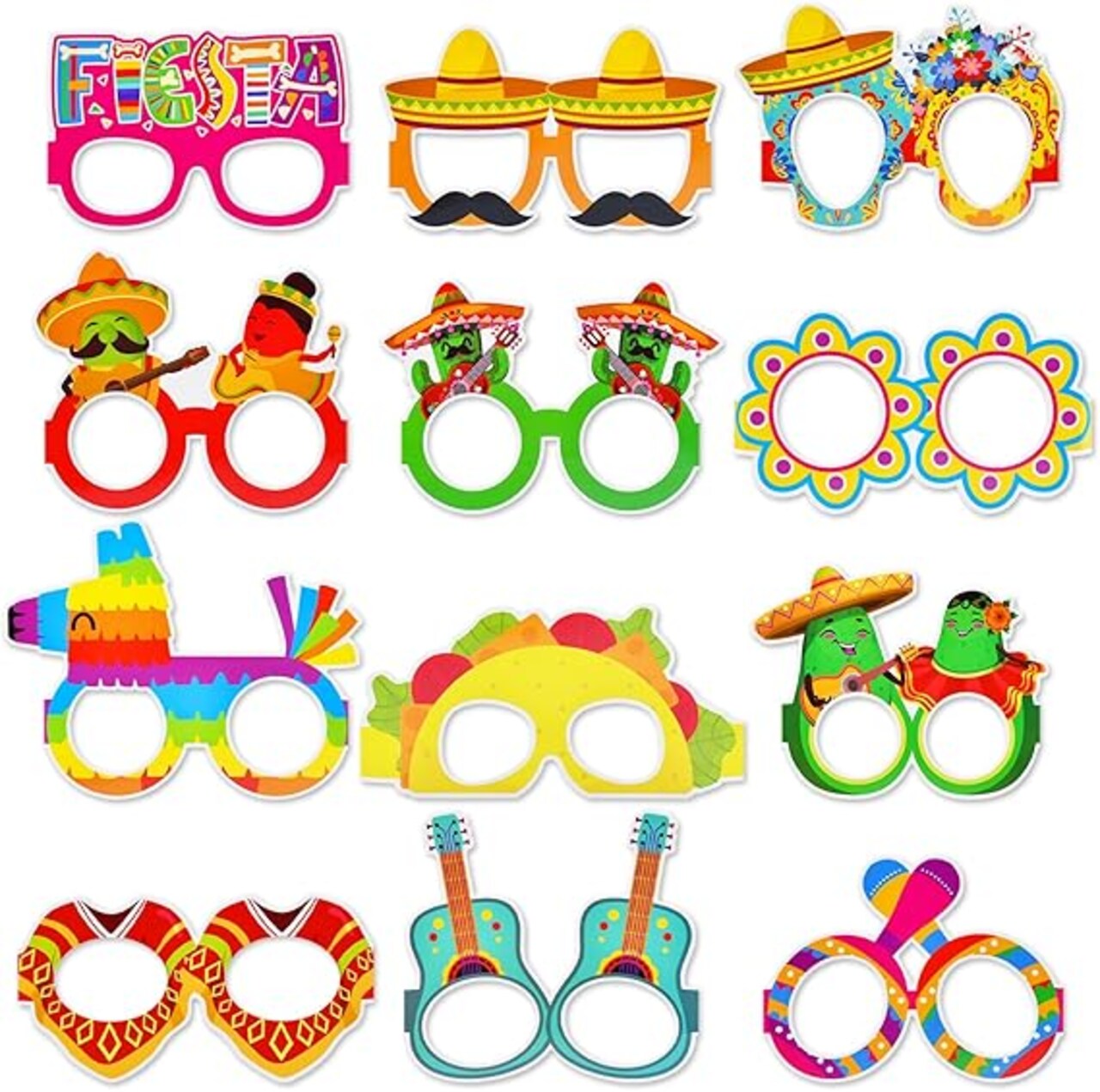 24 Pieces Mexican Fiesta Paper Party Glasses, 12 Designs with 2 Each - Fun Taco, Sombrero, Piñata, Cactus, and Maraca Eyeglasses for Cinco de Mayo, Mexican Birthday Party Favors, and Photo Booth Props